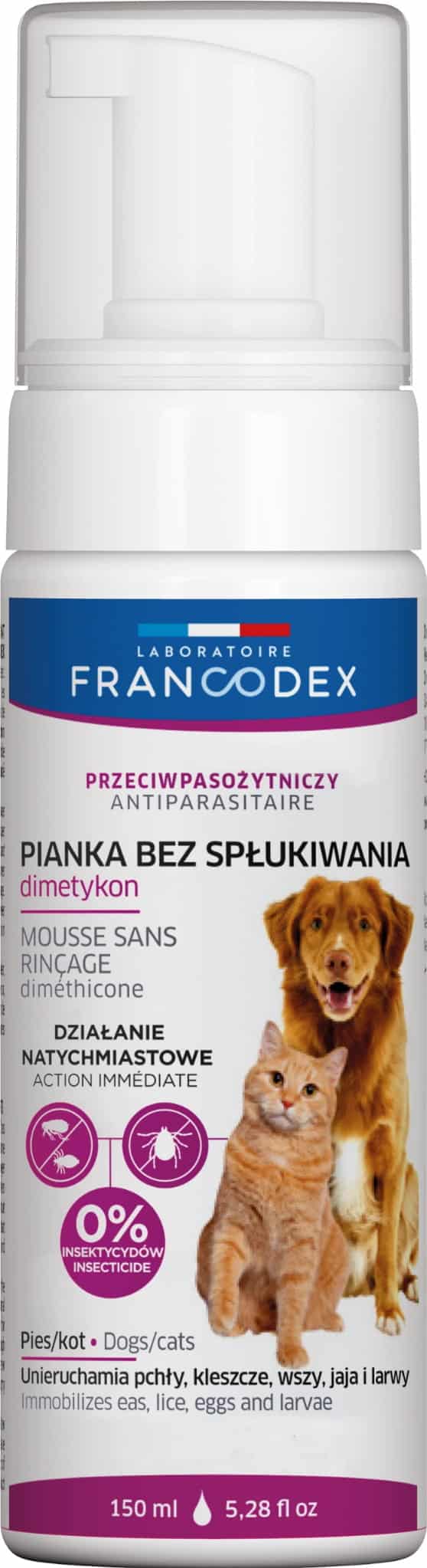 FRANCODEX Schaum ohne Ausspülen mit Dimethicon für Hunde und Katzen – 150 ml