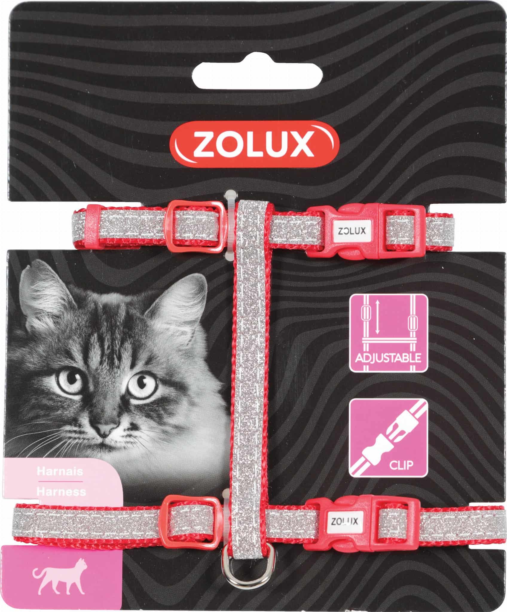 Zolux Verstellbares Nylon-Katzengeschirr SHINY, Farbe Rot