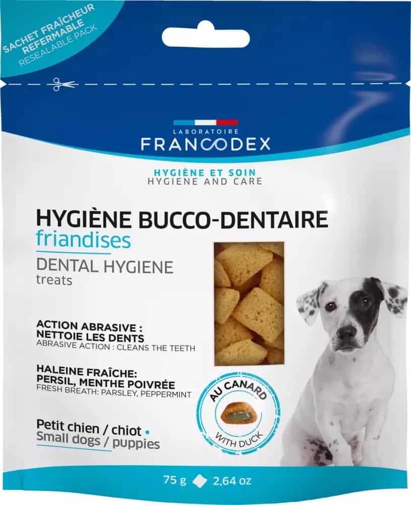 FRANCODEX Zahnpflege-Snack für Welpen und kleine Hunde mit Entengeschmack 75 g