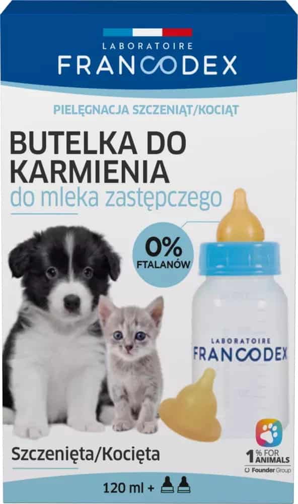 FRANCODEX Fütterungsflasche für Welpen und Kätzchen 120 ml + 2 Sauger