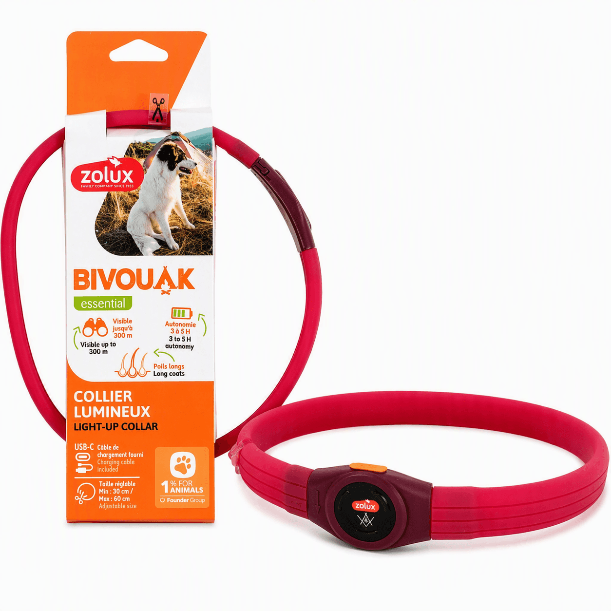ZOLUX LED-Hundehalsband – Leuchtend, Silikon – Für langes Fell – BIVOUAK, Rot – Bild 10