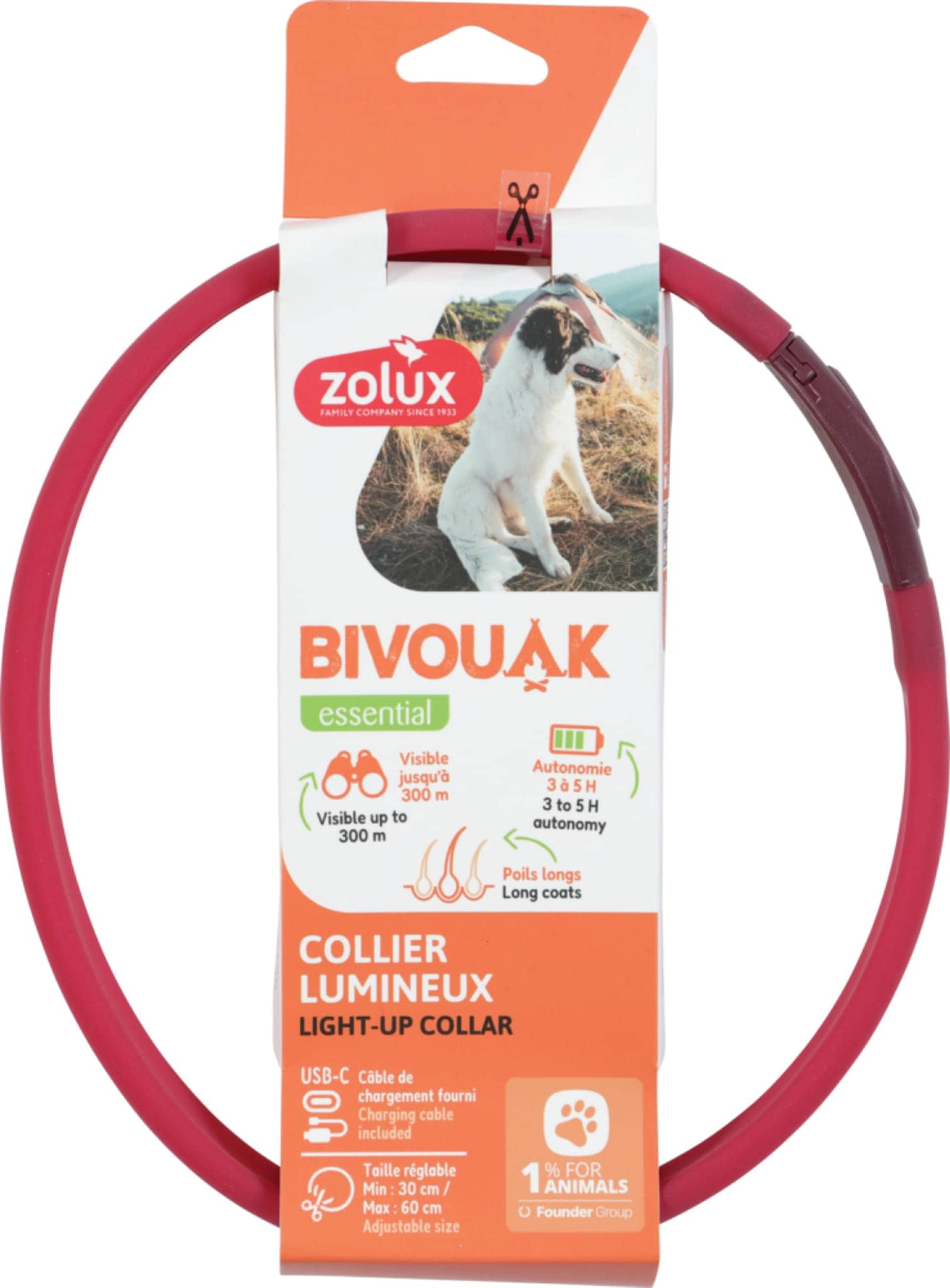 ZOLUX LED-Hundehalsband – Leuchtend, Silikon – Für langes Fell – BIVOUAK, Rot – Bild 3