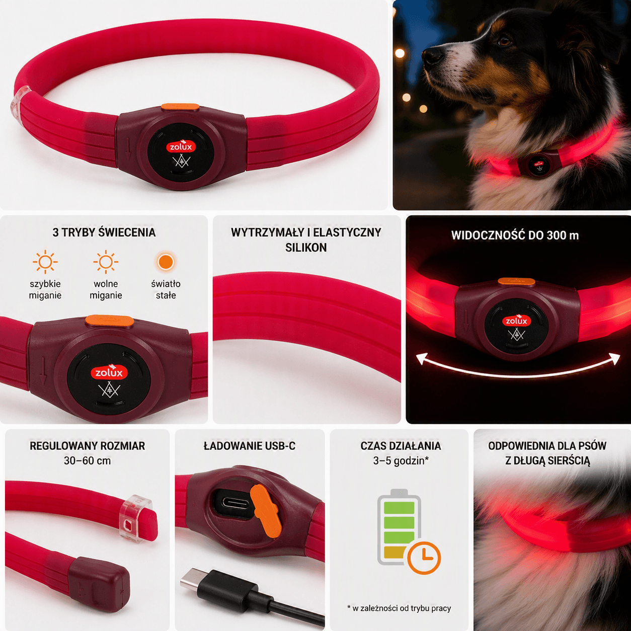 ZOLUX LED-Hundehalsband – Leuchtend, Silikon – Für langes Fell – BIVOUAK, Rot – Bild 16