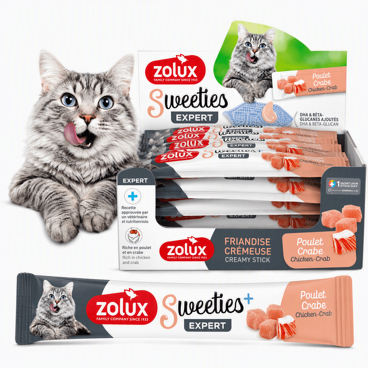 ZOLUX SWEETIES Cremesnack für Katzen mit Hähnchen und Krabben, 14 g