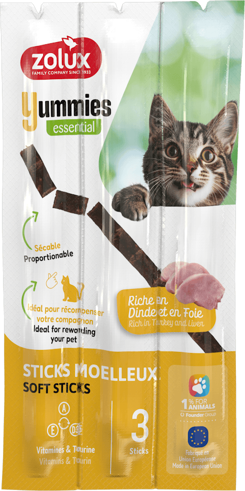 ZOLUX YUMMIES Weiche Trainingssnacks für Katzen, Stäbchen Truthahn und Leber, 3 x 5 g