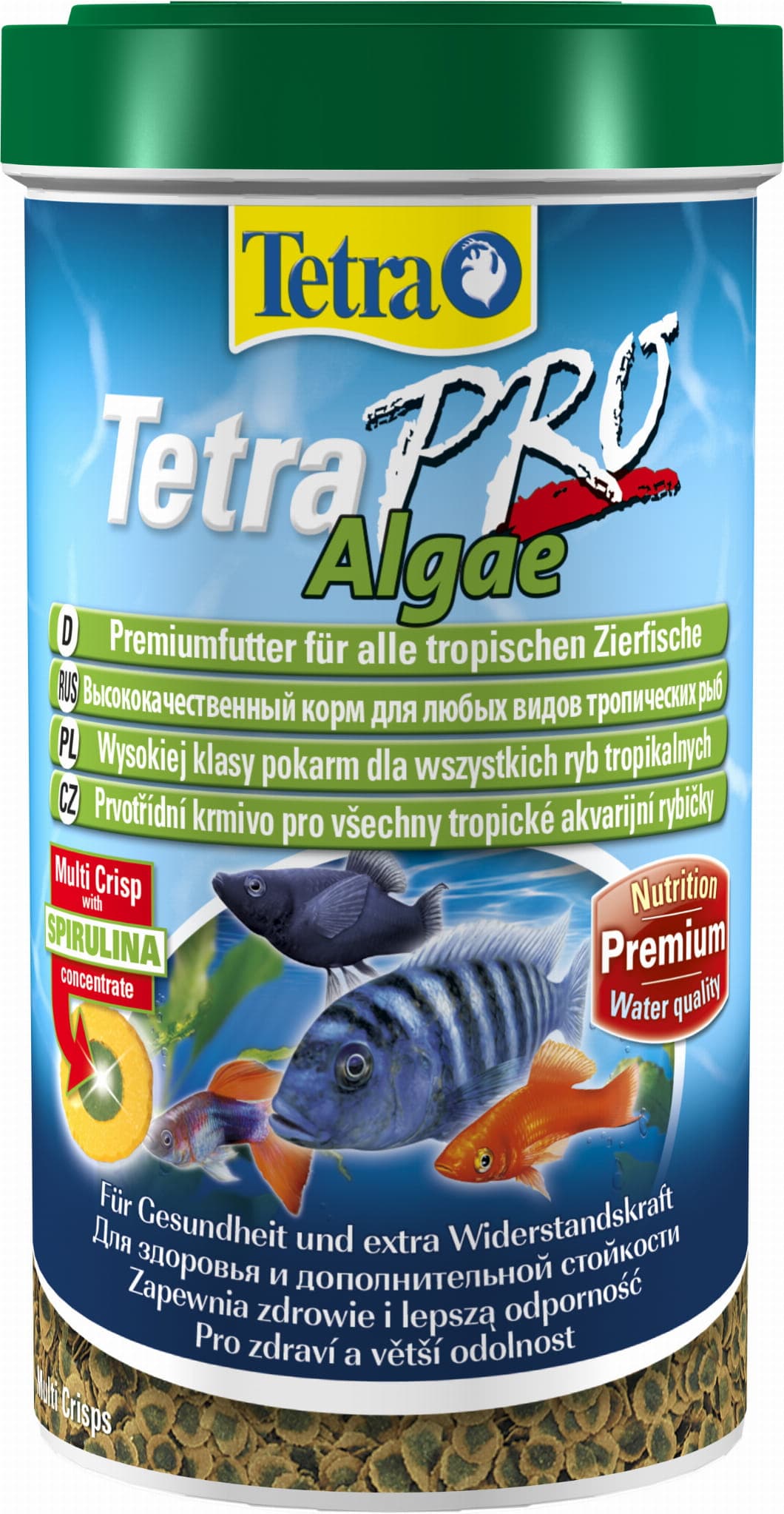 TetraPro Algae - Premiumfutter für alle Zierfischarten, das die Widerstandskraft gegen Krankheiten stärkt. Der Produktionsprozess bei niedrigen Temperaturen sorgt für hohen Nährwert und Vitaminstabilität, mit immunstärkendem Spirulina-Algenkonzentrat, das innovative Crisp-Format reduziert die Ausscheidungen deutlich und garantiert sauberes Wasser, perfekt für pflanzenfressende Fische, einfache Dosierung.