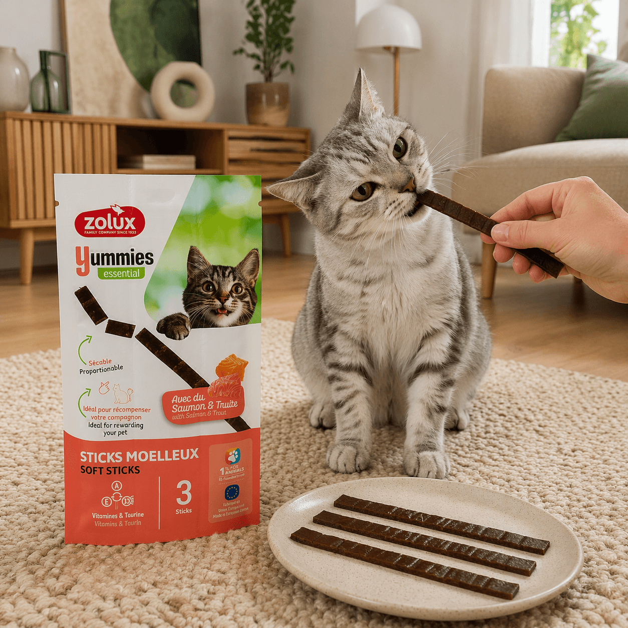 ZOLUX YUMMIES Weiche Trainingssnacks für Katzen, Stäbchen Lachs und Forelle, 3 x 5 g – Bild 5