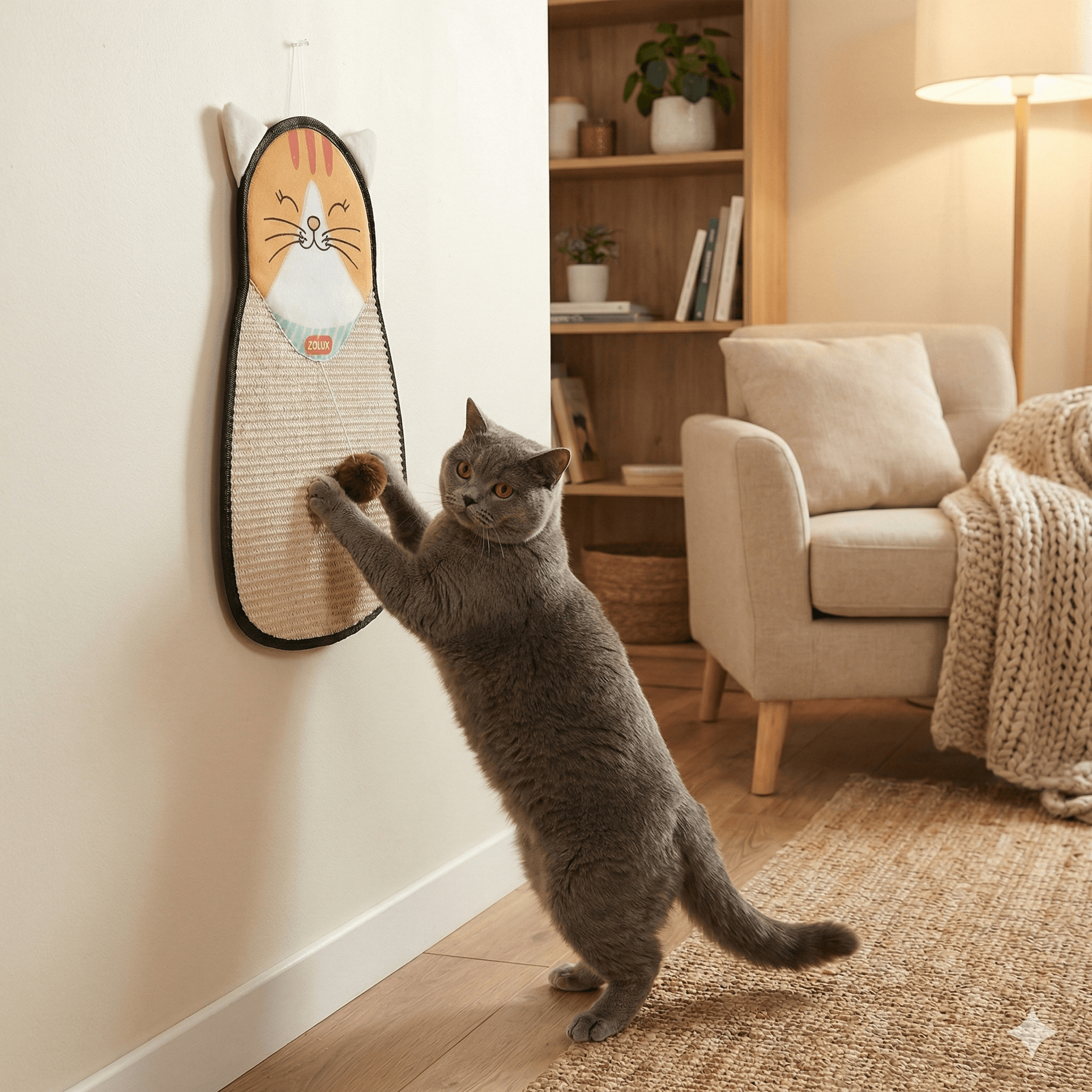 ZOLUX CHATOUILLE Hänge-Kratzbrett in Katzenform aus Sisal mit Spielzeug, 54 cm – Bild 4