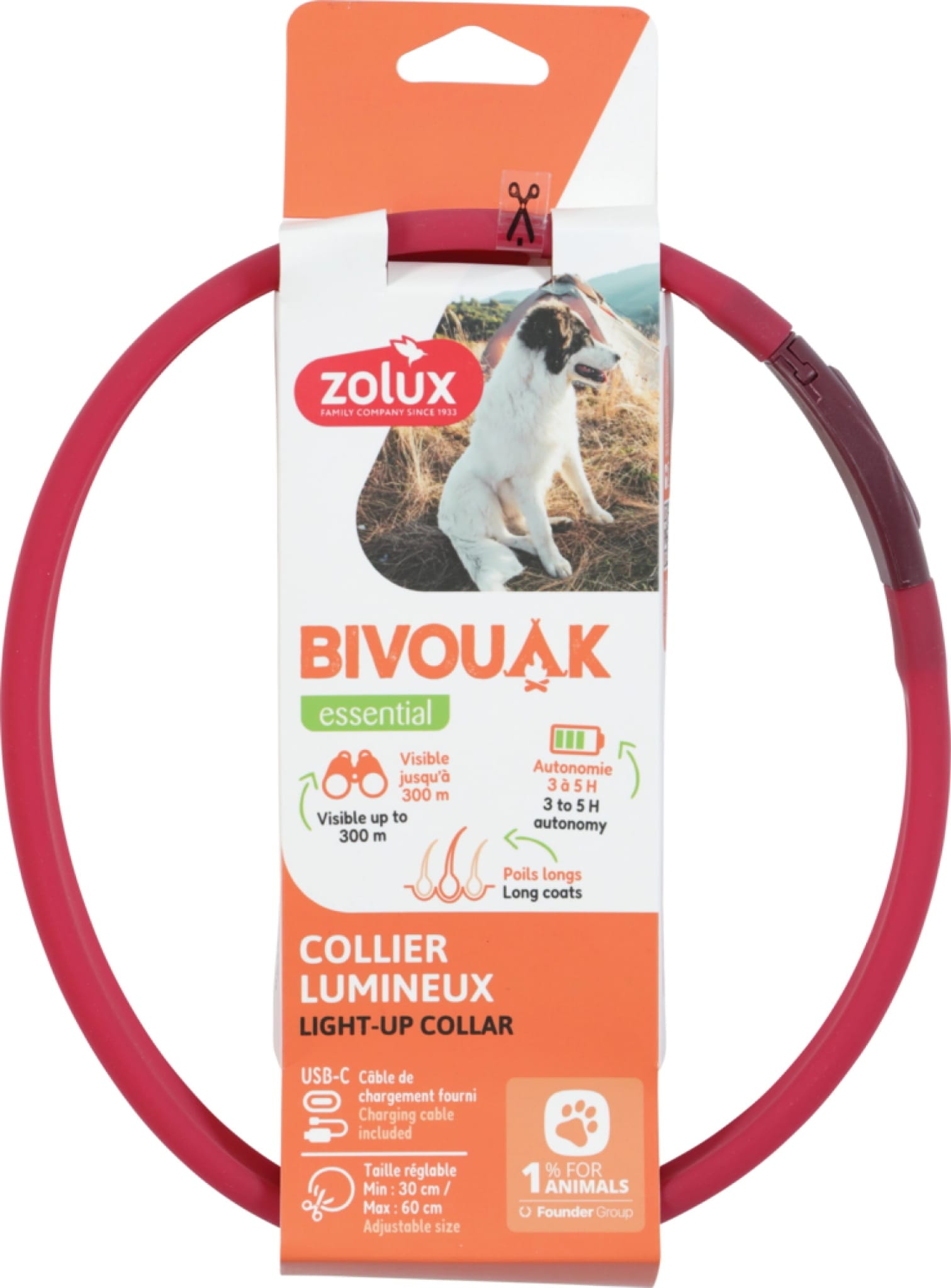 ZOLUX LED-Hundehalsband – Leuchtend, Silikon – Für langes Fell – BIVOUAK, Rot – Bild 3