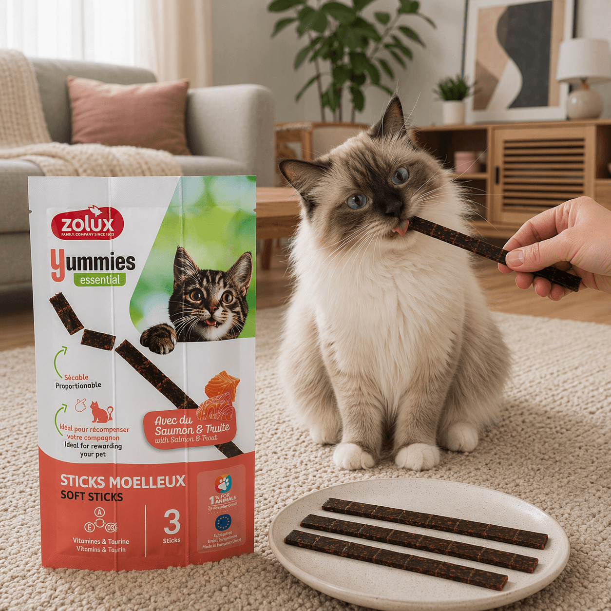 ZOLUX YUMMIES Weiche Trainingssnacks für Katzen, Stäbchen Lachs und Forelle, 3 x 5 g – Bild 4