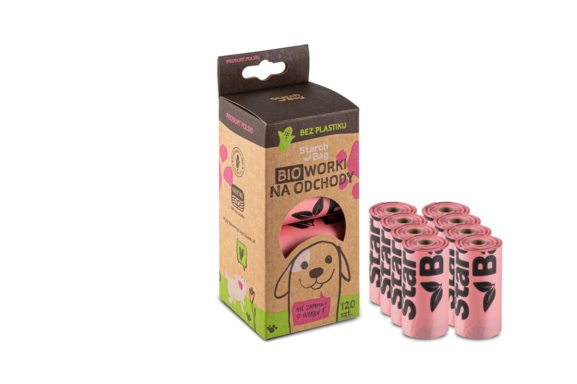 STARCHBAG Kompostierbare BIO-Beutel für Hundekot 8 Rollen x 15 Stück, Farbe Rosa
