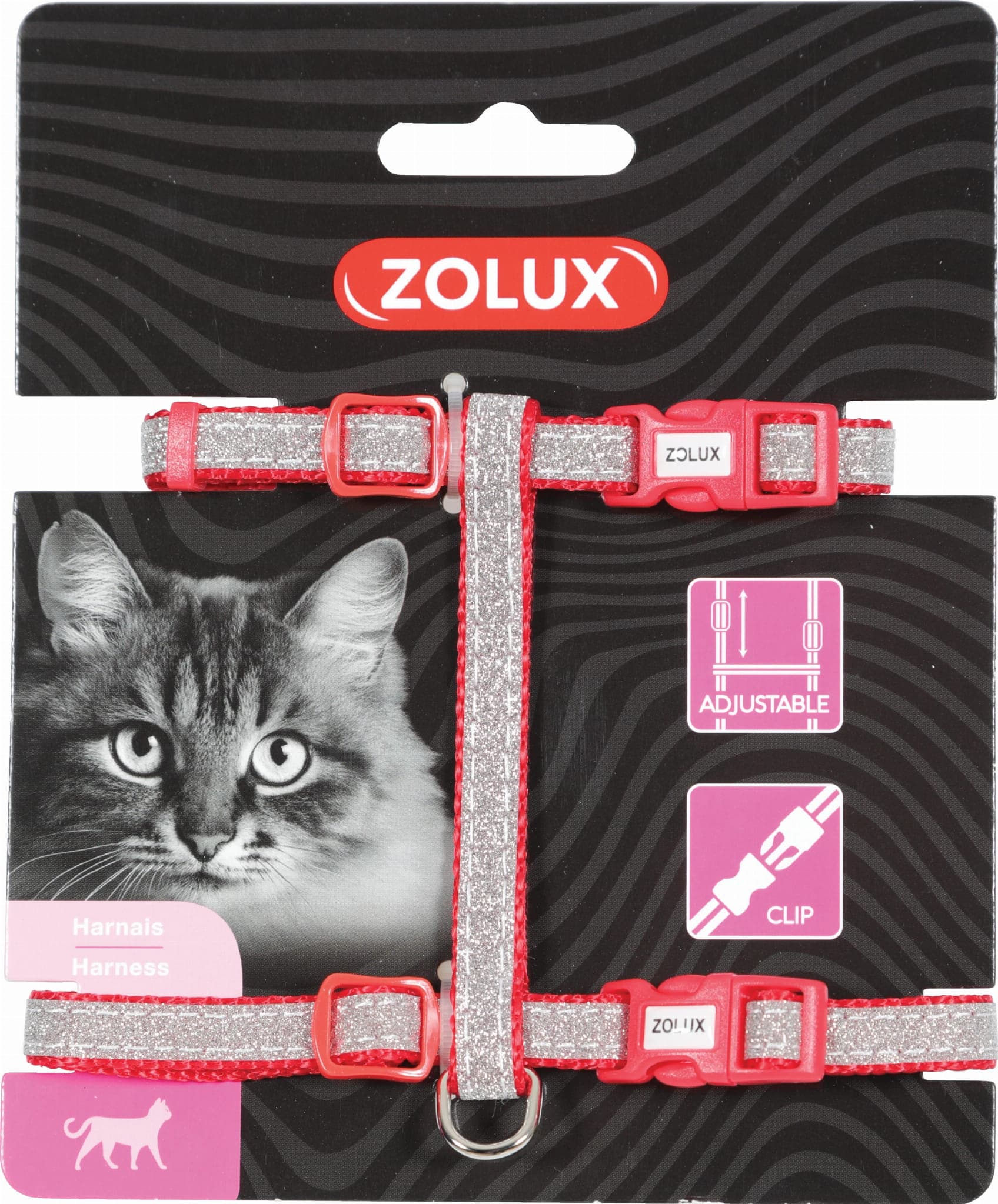 Zolux Verstellbares Nylon-Katzengeschirr SHINY, Farbe Rot