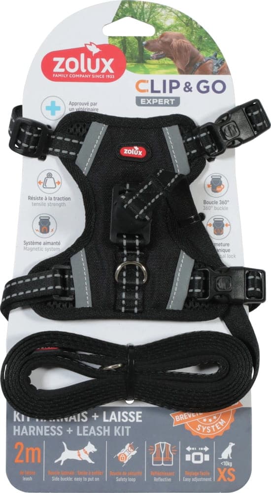 ZOLUX Hundegeschirr + Hundeleine Set für Hund CLIP&GO XS Schwarz