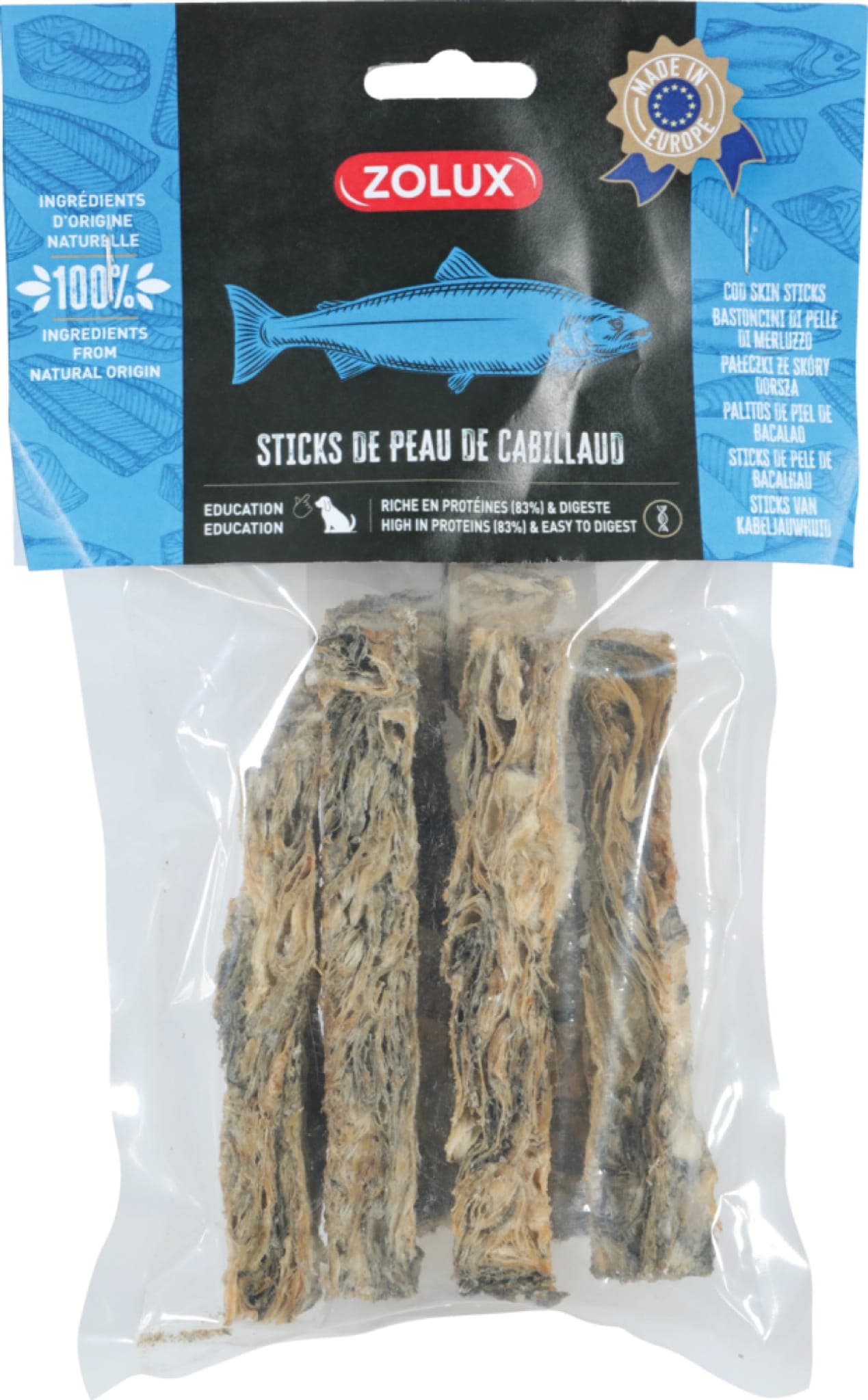 ZOLUX Natürliches Leckerli für Hunde Stäbchen aus Kabeljauhaut 70 g