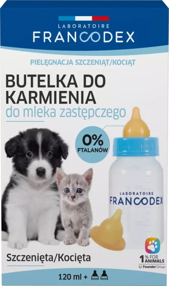 FRANCODEX Fütterungsflasche für Welpen und Kätzchen 120 ml + 2 Sauger