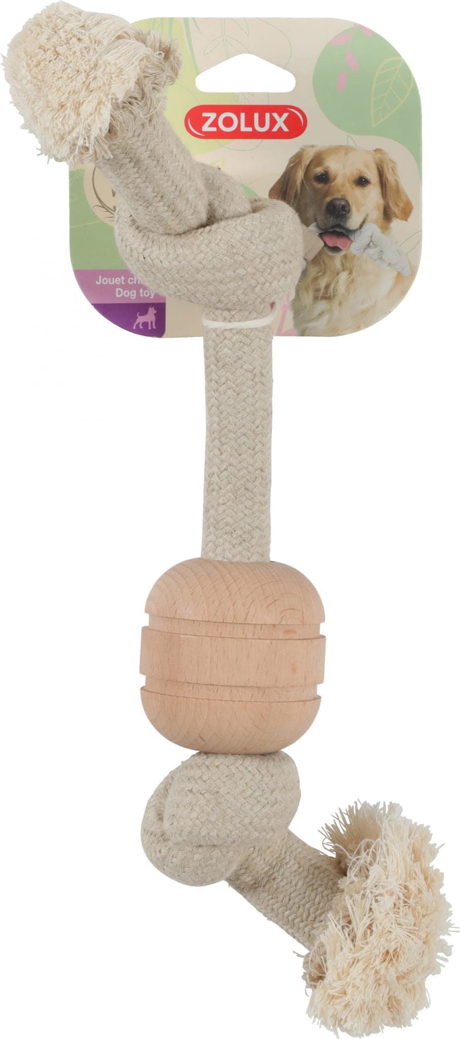 ZOLUX Spielzeug für Hunde Seil mit 2 Knoten und Holzscheibe WILD MIX 34,5 cm