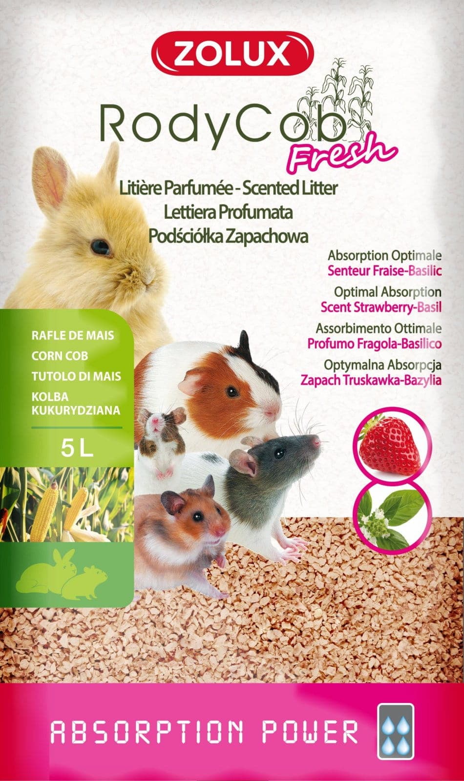 ZOLUX Einstreu für Kaninchen und Nagetiere – pflanzlich RodyCob FRESH Erdbeere-Basilikum 5 l