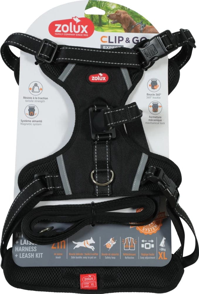 ZOLUX Hundegeschirr + Hundeleine Set für Hund CLIP&GO XL Schwarz