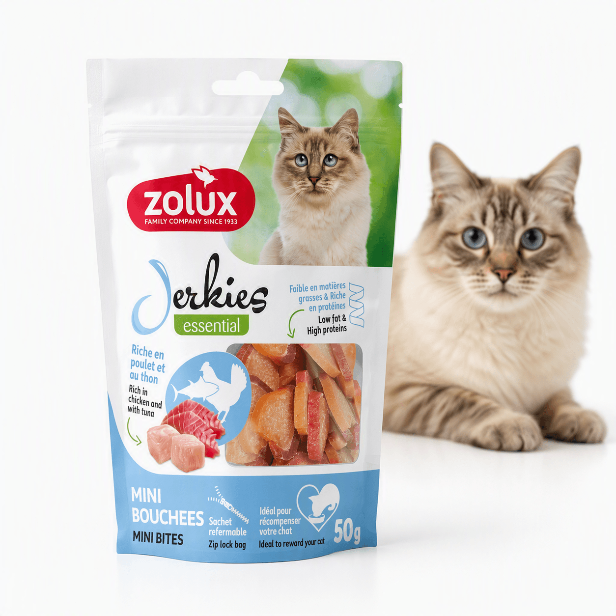 ZOLUX JERKIES Katzensnack mit Hähnchen und Thunfisch, 50 g