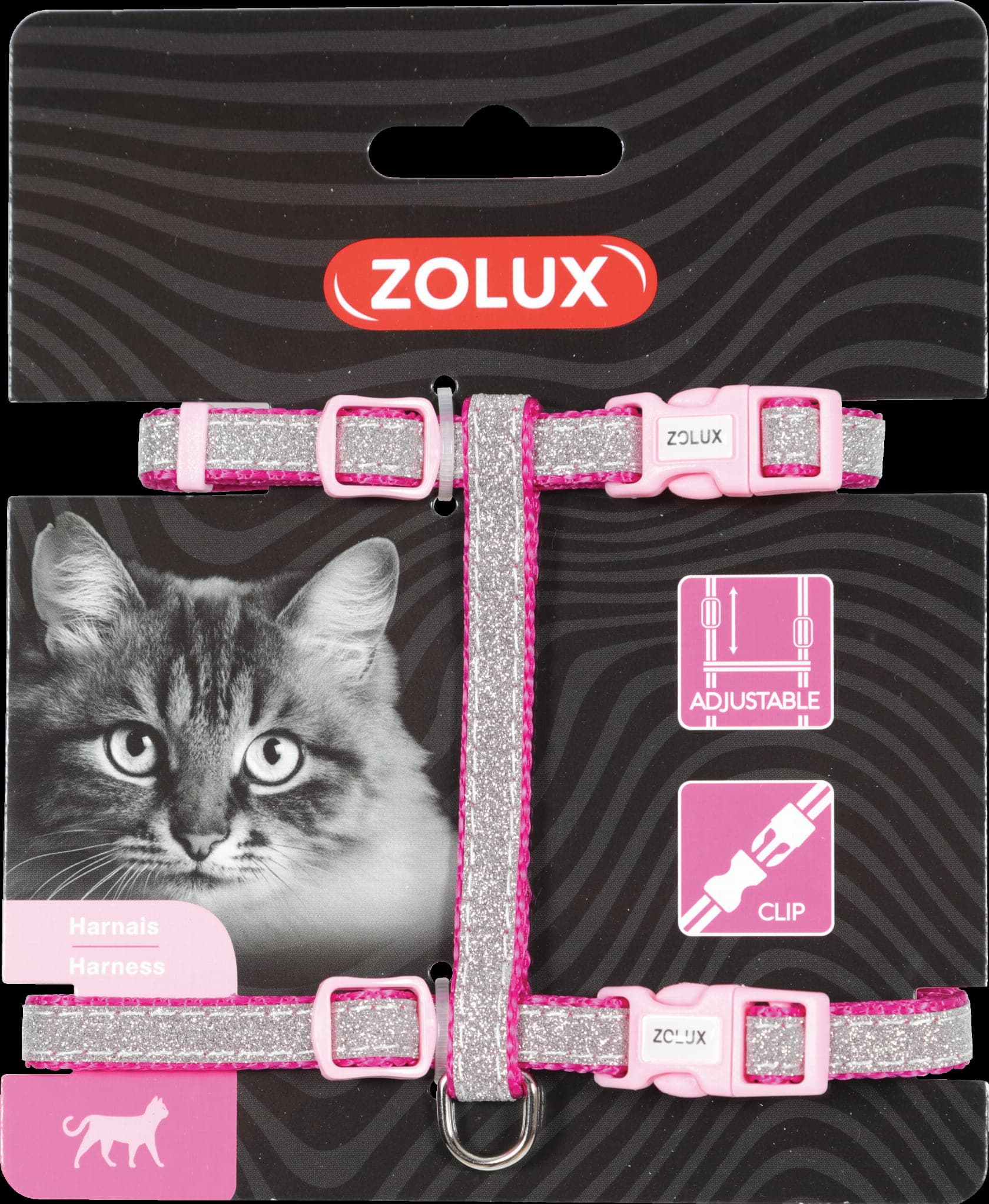 Zolux Verstellbares Nylon-Katzengeschirr SHINY, Farbe Rosa