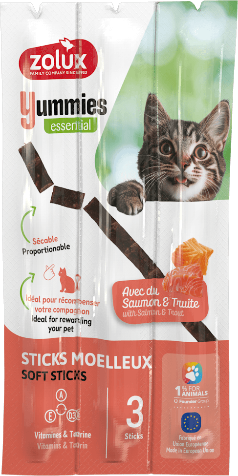 ZOLUX YUMMIES Weiche Trainingssnacks für Katzen, Stäbchen Lachs und Forelle, 3 x 5 g