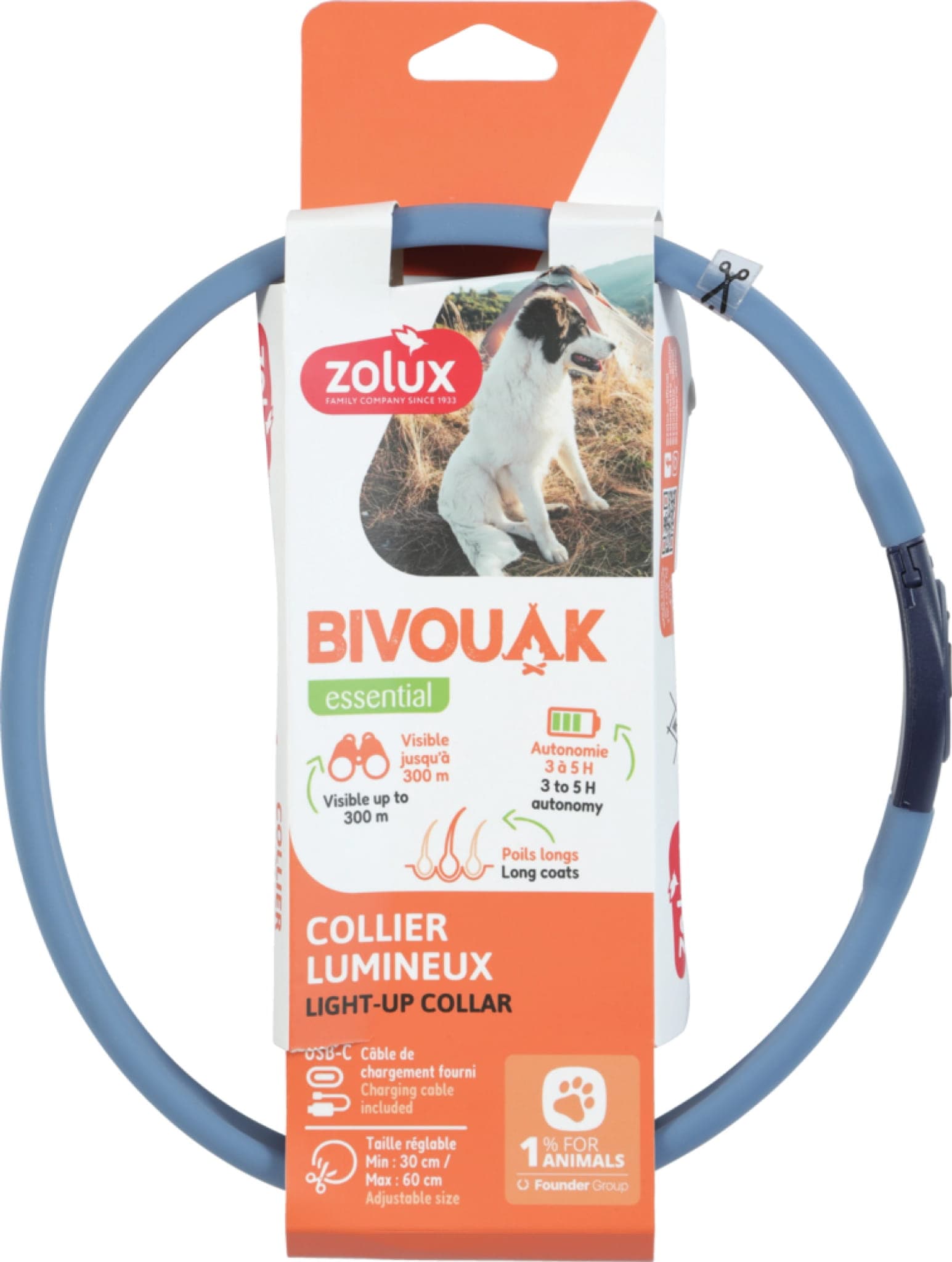 ZOLUX LED-Hundehalsband, leuchtendes Silikon, für langhaarigen Hund, BIVOUAK, Blau
